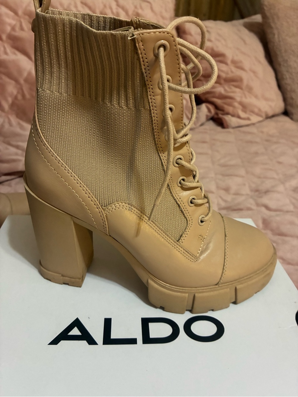 ALDO Beige Lace-Up Chunky Heel Ankle Boots with Knit Panel